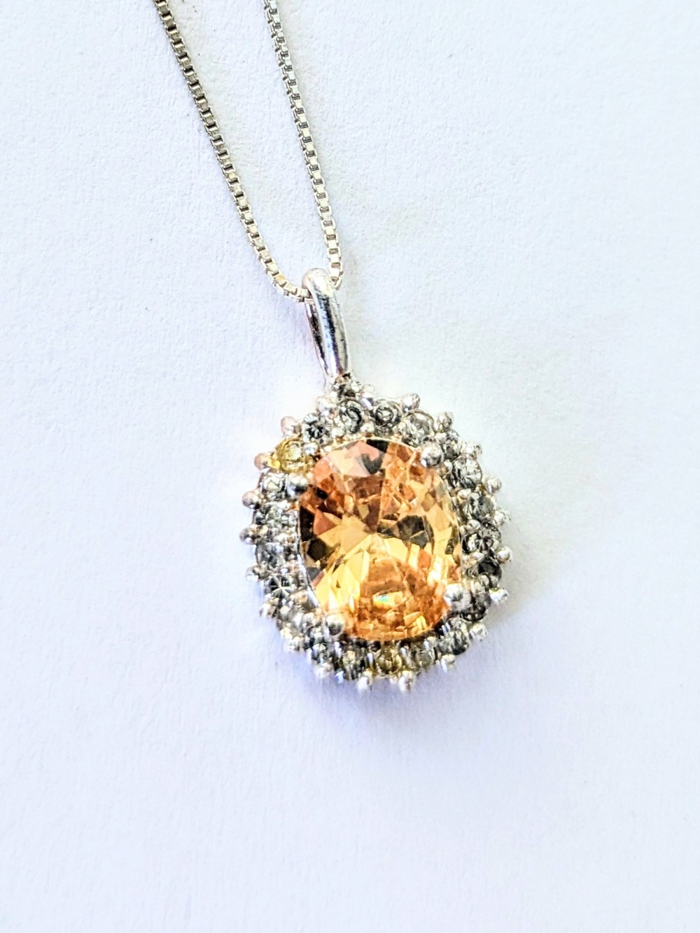 Sterling Silver Halo Oval Topaz C.Z. Pendant & 18" Box Necklace